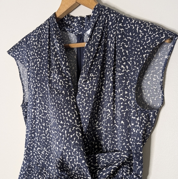 Max Mara Silk Blend Sheath Midi Dress in Navy and Off-White Print Drape Front - Picture 3 of 4